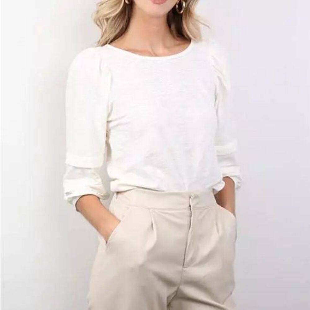 Bobi Pleated 3/4 Sleeve Crew Neck Top in Macadamia Size XL